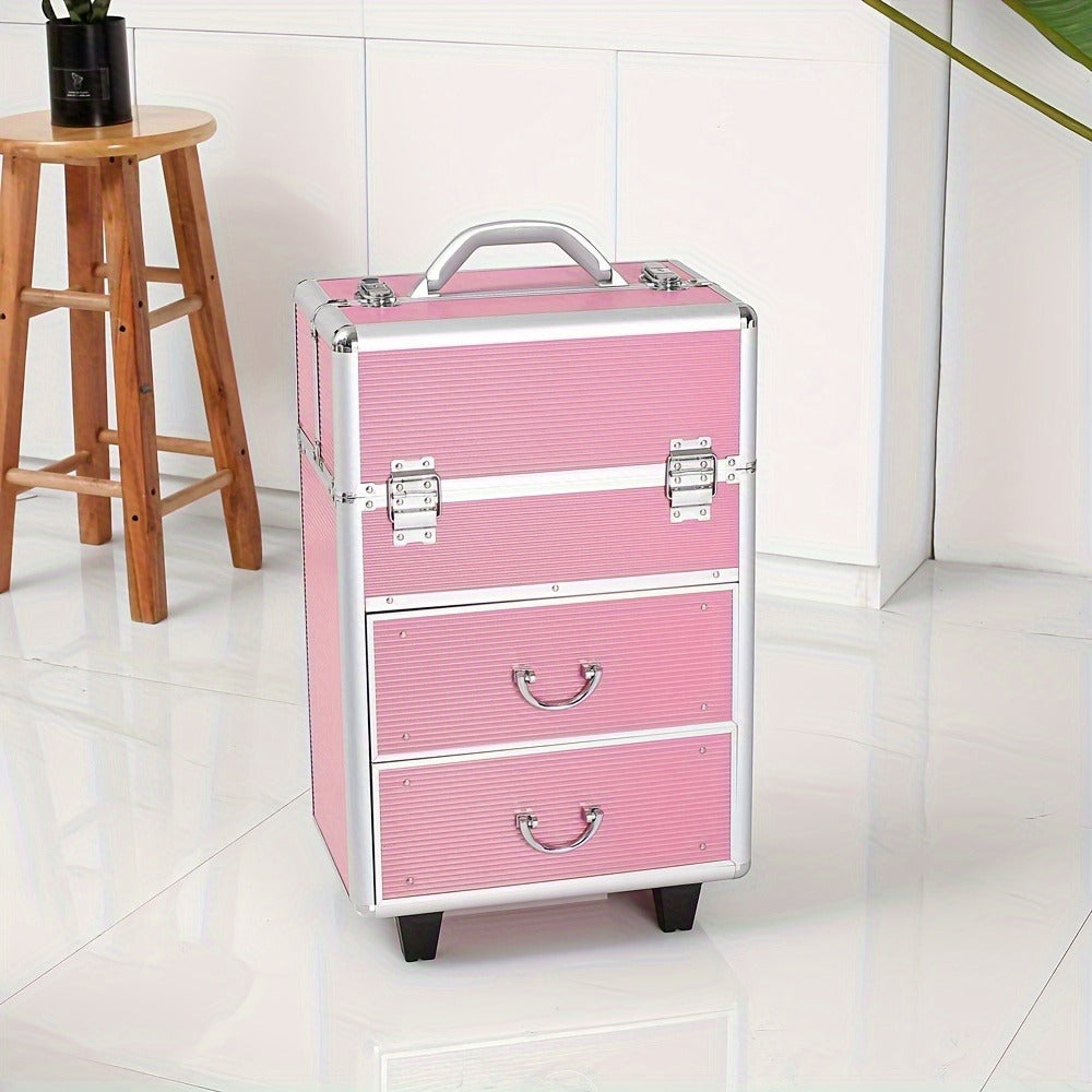Lockable Aluminum Makeup Train Case with Extendable Trays Multi-Tier Professional Cosmetic Organizer — Portable Salon Travel Beauty Case with Lock Pink Rose Gold