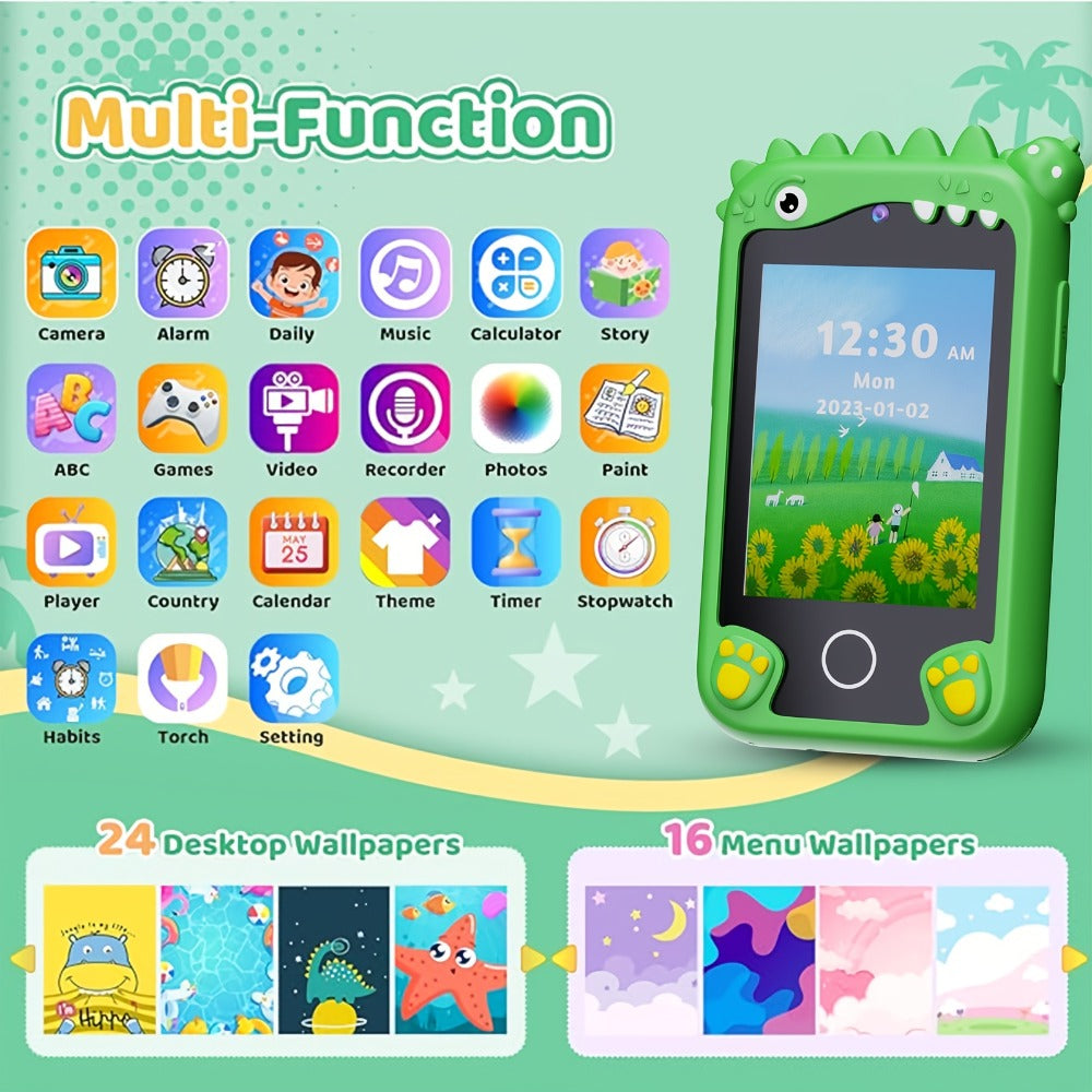 Dinosaur Explorer Phone Toy for Kids with HD Touchscreen & Dual Camera – Educational Smart Phone Toy 8GB for Boys & Girls, Travel Toy in Pink Purple Green, Birthday Christmas Gift