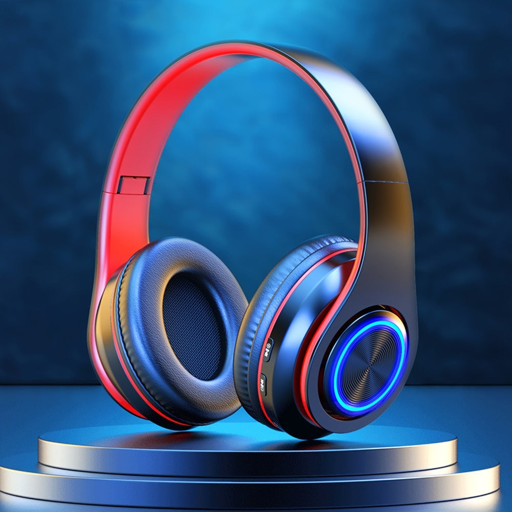 LED Light Over-Ear Wireless Headphones Deep Bass Subwoofer, Active Noise Cancelling Foldable Headset Bluetooth 5.3, Wired & Wireless Dual Mode AUX, USB Rechargeable for Gaming Music Sports