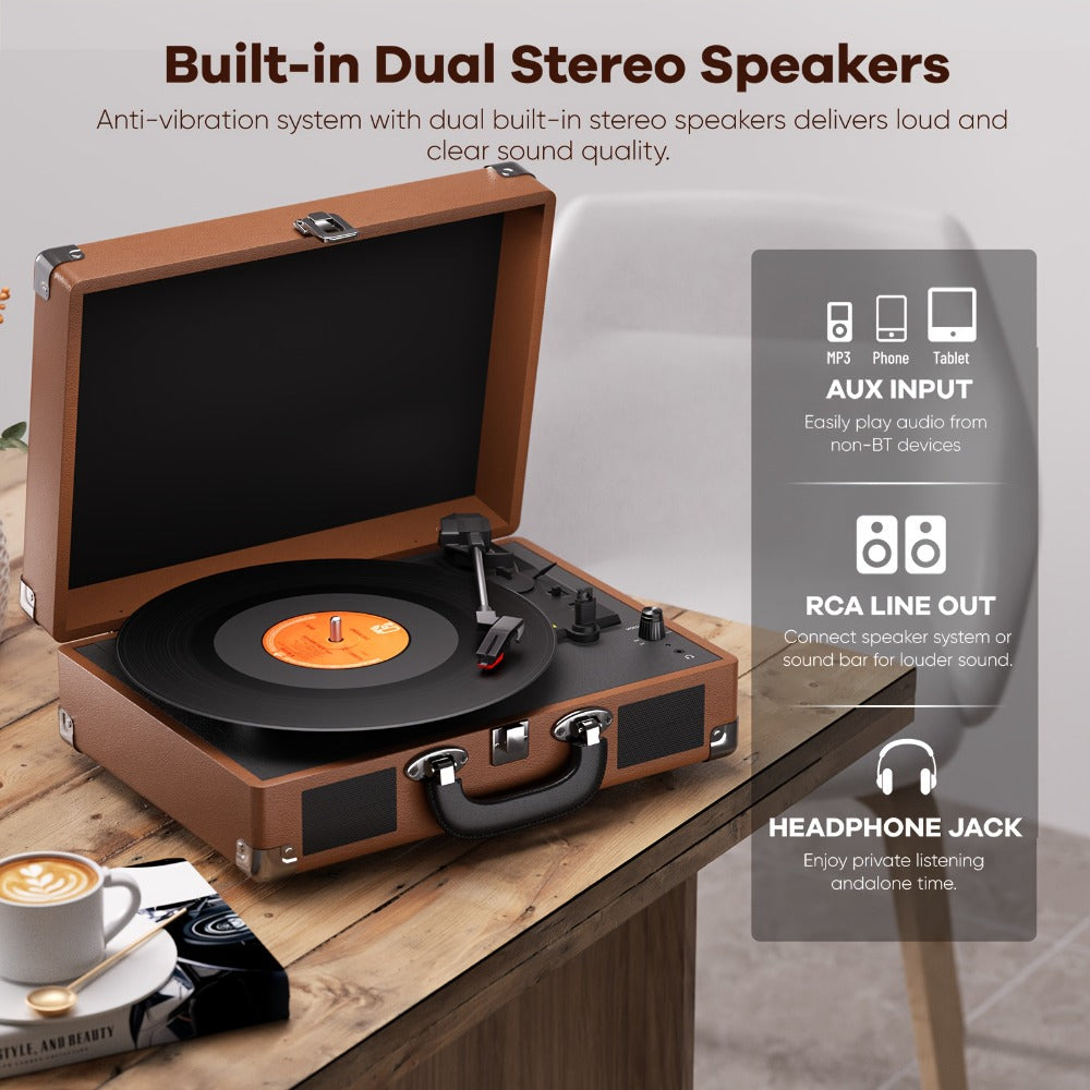 Bluetooth Vinyl Record Player with Built-in Speakers, Maio C200 3-Speed Belt-Driven Turntable, Hi-Fi Stereo Gramophone, 3.5mm Output, RCA Out, Suitcase Style, Best Holiday Gift for Music Lovers