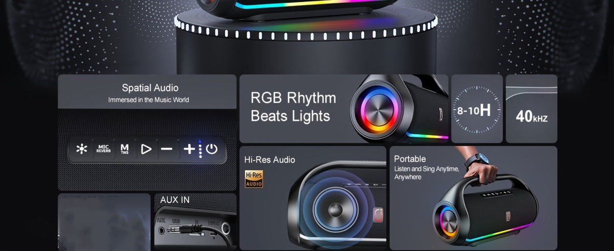 JYX D20 Portable Bluetooth Boombox Speaker with 3D Surround Sound, RGB Disco Lights, Deep Bass Boost, TWS Stereo, 8-10H Playtime, MicroSD USB AUX for Outdoor Party, Camping & Indoor Use