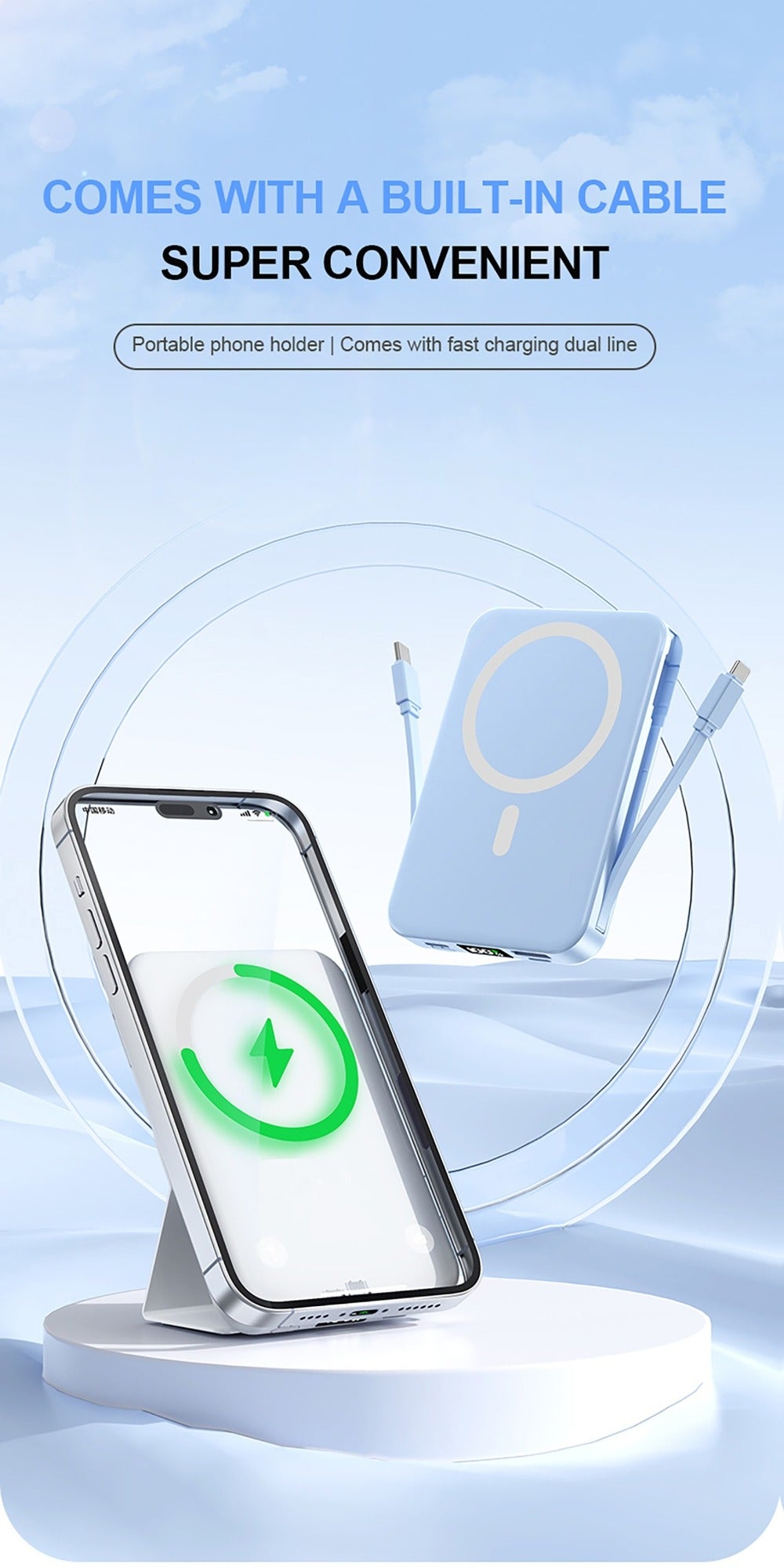 10000mAh Mini Power Bank with PD 22.5W Fast Charging, 15W Magnetic Wireless Charging, Built-in 2 Cables, Phone Stand & Digital Display – Slim Portable Charger for iPhone, Android, Travel, Airplane