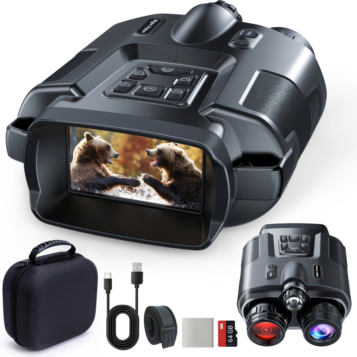 Night Vision Binoculars 4K Digital Infrared, 8x Digital Zoom 5x Optical Zoom, 5000mAh Battery, 3-inch HD Display, 64GB Card, Tactical Flashlight, for Hunting Wildlife Surveillance Outdoor