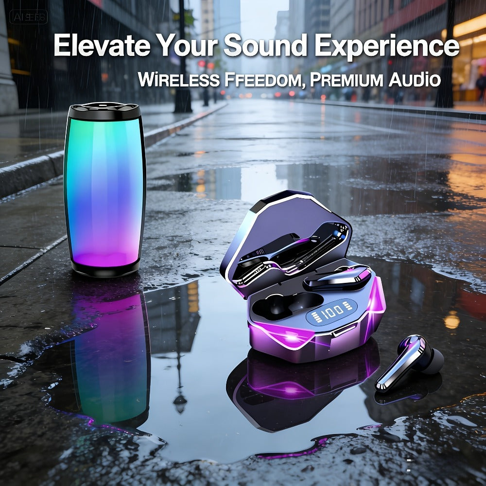 Gaming Headset Bundle Set Glowing LED Headphones Bluetooth Speaker Wireless Earbuds Surround Sound Touch Control 3-4 Piece Combo Gift Set with Free Watch for Teens Gamers