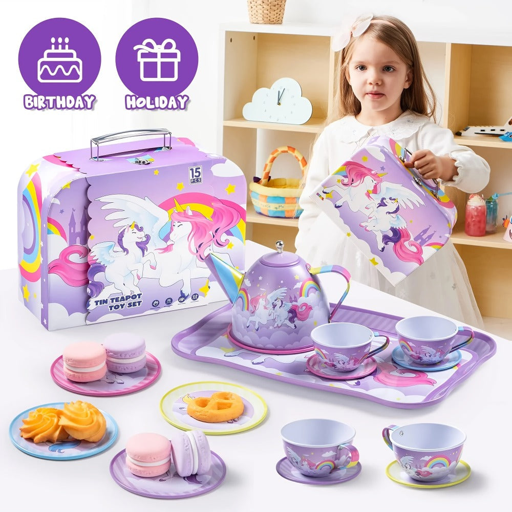 Purple Unicorn Pretend Play Tea Set with Teapot, Cups and Storage Case