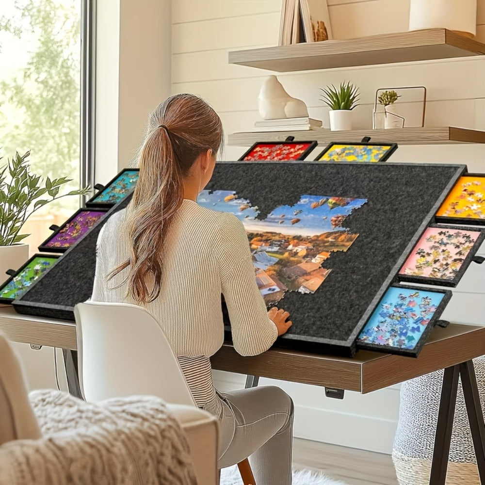 Jigsaw Puzzle Board with 6 Colored Drawers, Dark Gray 1000-Piece Storage Style