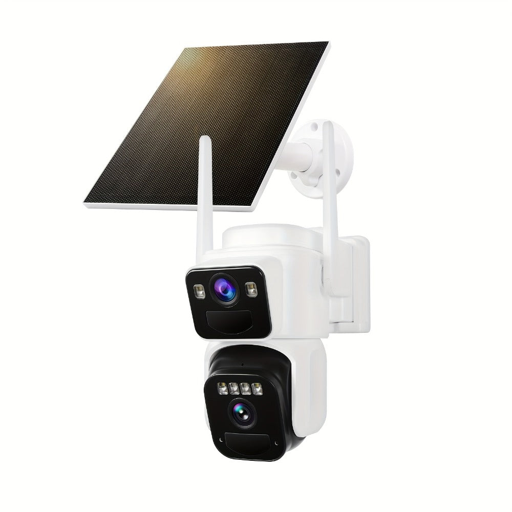 Dual Lens Solar Security Camera Outdoor Wireless WiFi Battery Powered with Color Night Vision, PIR Motion Detection, Two-Way Audio, Spotlight Alarm & 256GB TF Card Support – Wire-Free CCTV Surveillance