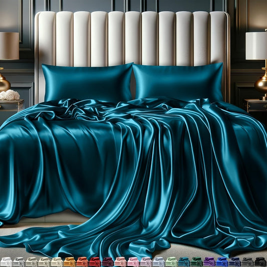 Satin Sheet Set, 4-Piece Microfiber with 15-Inch Deep Pocket and Double Stitching