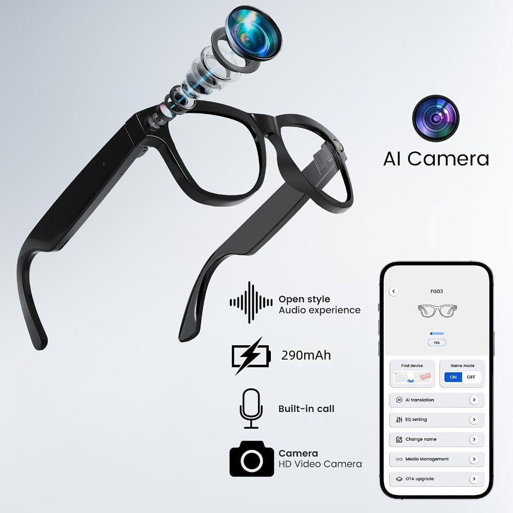 Smart Glasses with Camera 200MP Dual Lens AI POV Recording – Hi-Fi Open-Ear Audio | Touch & Voice Control | Ultra-Long Battery | Cycling Sports Outdoor Photography | Transparent & Black Lenses | Tech Gift
