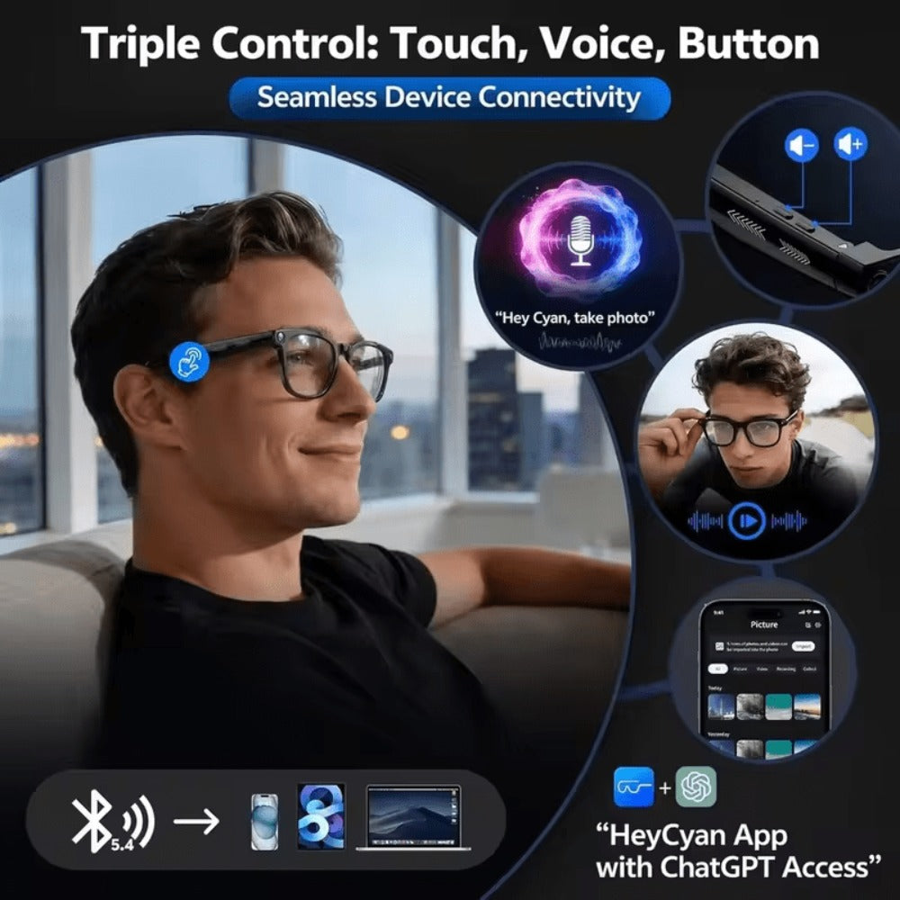 Bluetooth Smart Glasses with 8MP HD Camera – AI Real-Time Translation, Object Recognition, Touch Control, Bluetooth Call & Music, Wearable for Men & Women