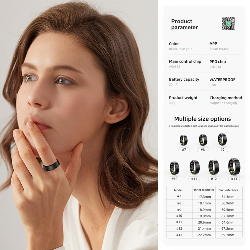 Health Monitoring Smart Ring with Heart Rate HRV Sleep Tracking, Steps Calories Body Temp & Menstrual Cycle – Bluetooth 5.3, iOS & Android, Sizes #7-#13, Rose Gold Black Silver