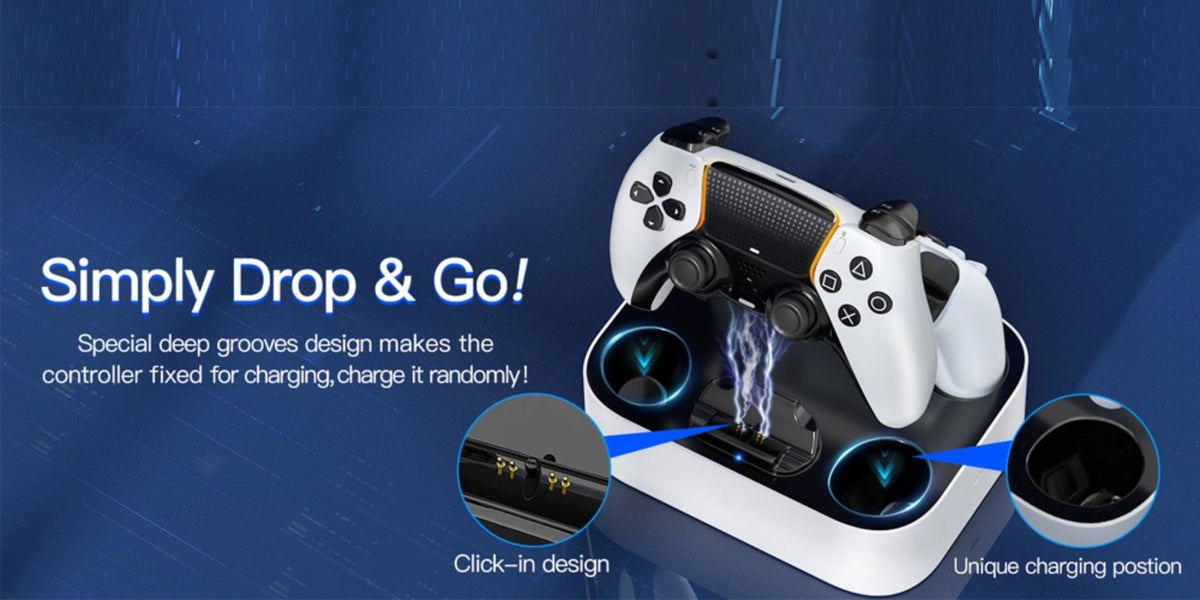 Safe Charging PS5 Controller Charging Station with Smart Chip – Dual Fast Charging Dock for DualSense & DualSense Edge, 2.5Hr Full Charge, Blue LED Indicator, Non-Slip Pad, Cable Included