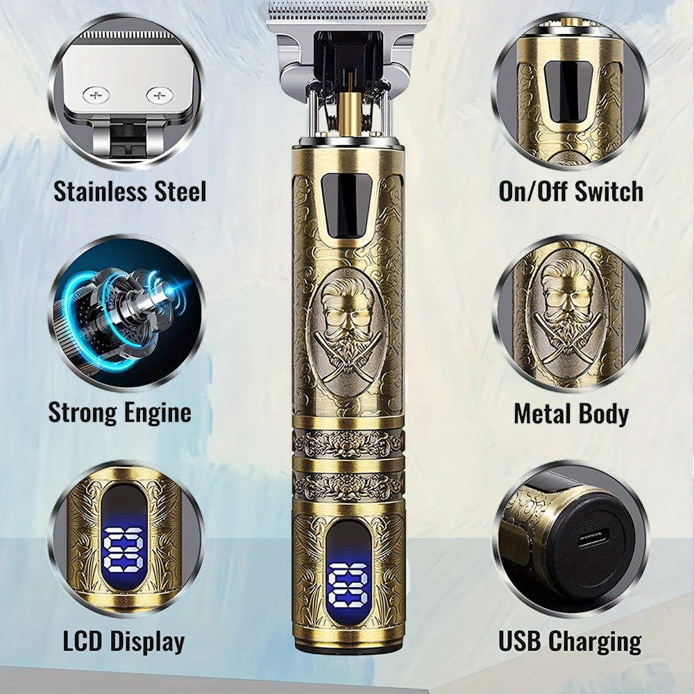 LED Hair Trimmer for Men - T-Blade USB Rechargeable 2000mAh, Vintage Dragon & Mustache Design, 4 Guide Combs, Cordless Precision Grooming, Holiday Gift for Him