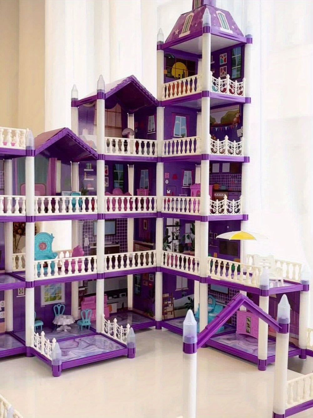 Purple LED Dollhouse Playset with 6 to 16 Room Options and Furniture