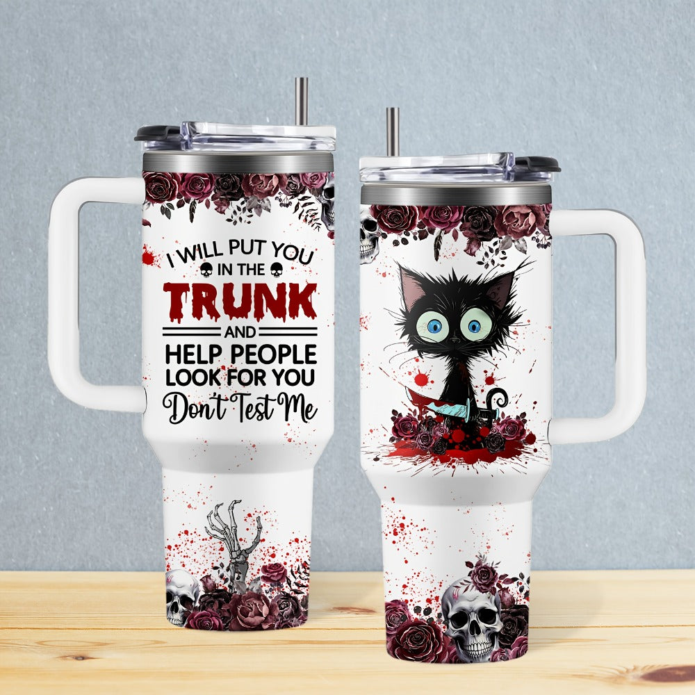 Halloween Horror Cat 40oz Insulated Tumbler with Lid and Straw – Stainless Steel Large Capacity Coffee Cup with Handle | Spooky Cat Mug for Halloween Gifts Office Home