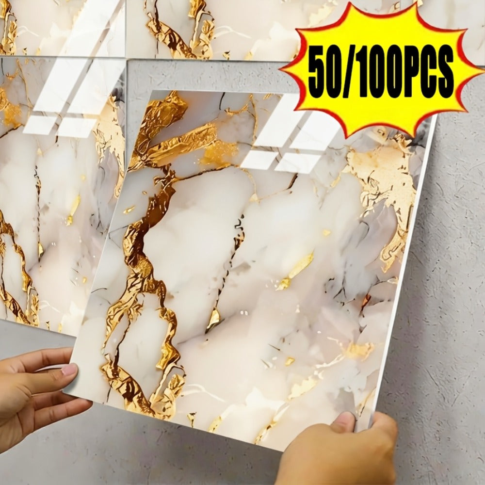 Self-Adhesive Marble Tile Stickers 11.8x11.8in Peel and Stick Wall Tiles for Bathroom Kitchen Backsplash – Waterproof 3D Glossy Imitation Marble Wall Panel, Easy to Install, 50 or 100 Pack