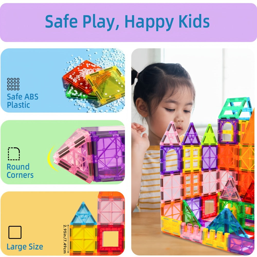 Clear Magnetic Tiles Building Set for Kids, 3D Magnet Blocks in 80, 106, 136 or 205 Pieces, Ages 3+