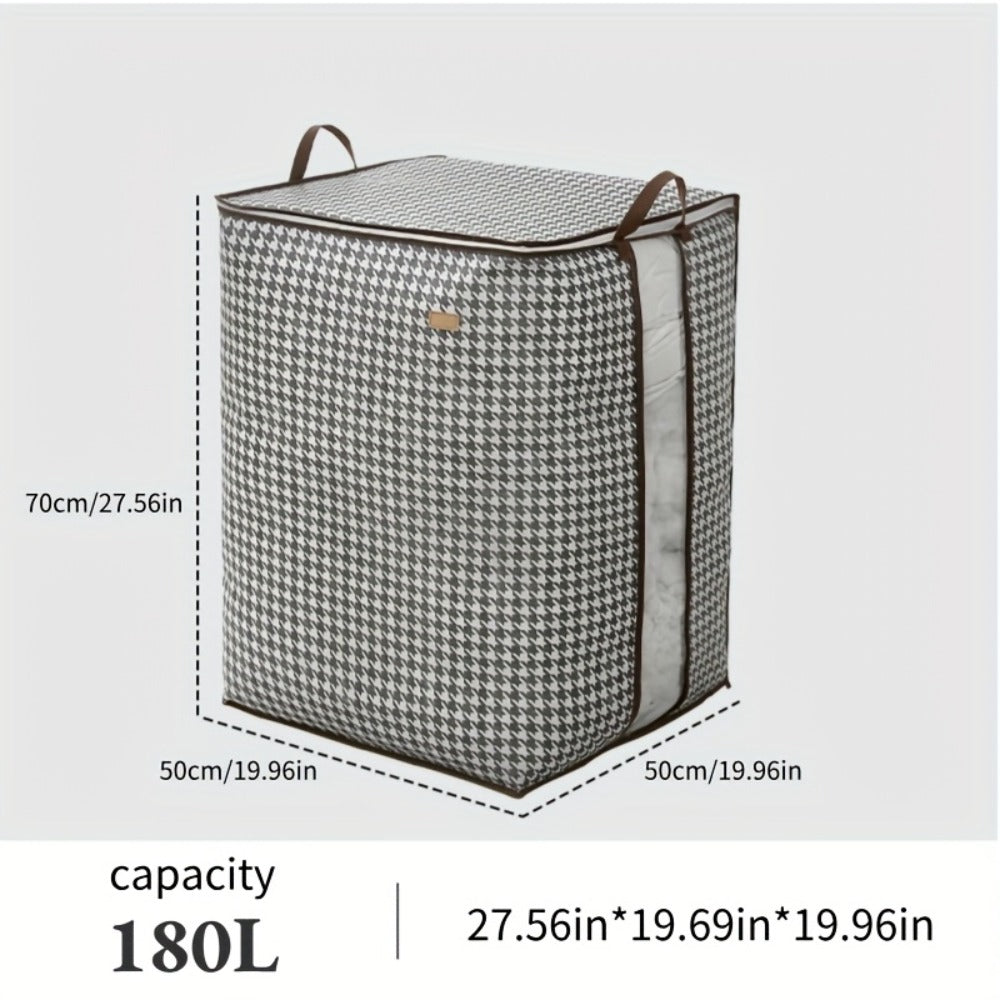 Large Storage Bags Houndstooth Non-Woven Fabric Organizer with Double Zipper & Handles – 160L/180L Dustproof Foldable Storage Box for Bedroom, Closet, Moving, Travel & Dorm, 1pc or 3pcs Set