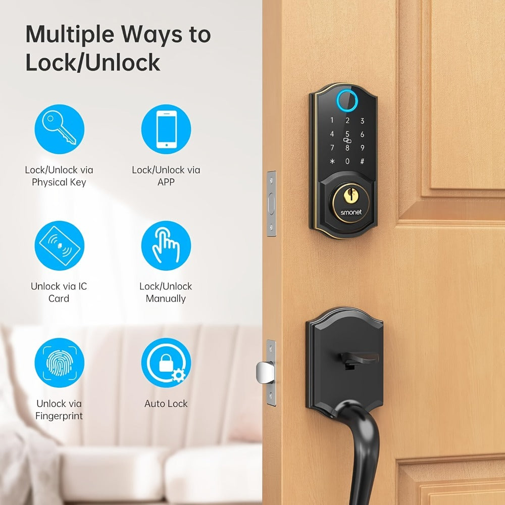 SMONET Smart Deadbolt Lock Set with Handle - Fingerprint, Bluetooth App & Keypad, Auto-Lock, Keyless Entry for Home, Office, Airbnb & Hotel, Oil Rubbed Bronze, Black & Silver