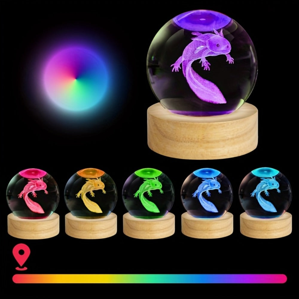 3D Axolotl Crystal Ball Night Light – USB Powered LED Colorful Gradient Glow Orb Atmosphere Lamp with Bamboo Base, Amphibian Figurine Desk Light for Home Decor, Bedroom, Kids Room & Unique Gift (2.36in)