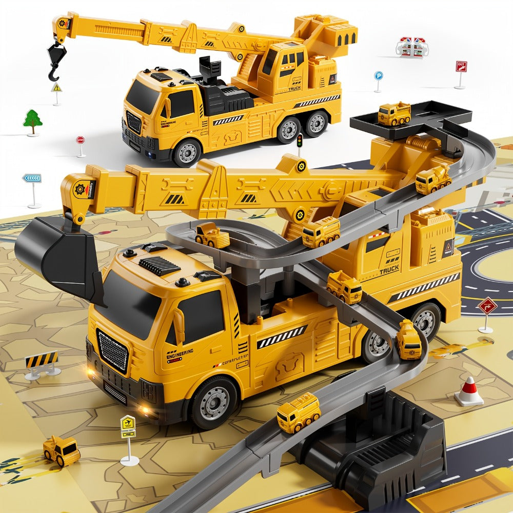 Crane Racing Track Toy Set – 3-in-1 Construction Playset with Excavator, 8 Cars, Lights & Sounds