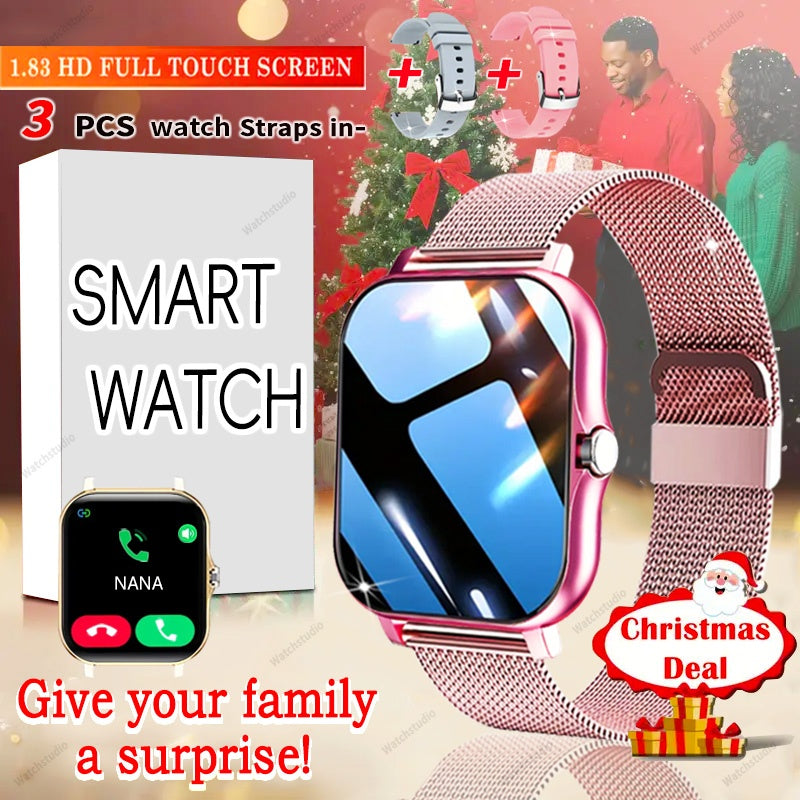 Gift Smartwatch Metal Strap – Wireless Calling, Music Player, App Notifications, Sports Mode, USB Rechargeable – Elegant Watch Gift for Women & Men Pink Black Silver Gold Android & iPhone