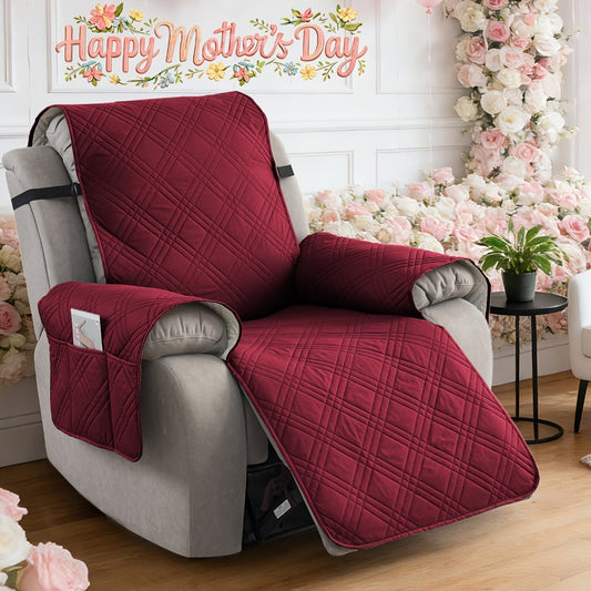 Recliner Chair Cover in Waterproof Quilted Fabric with Side Pocket and Straps