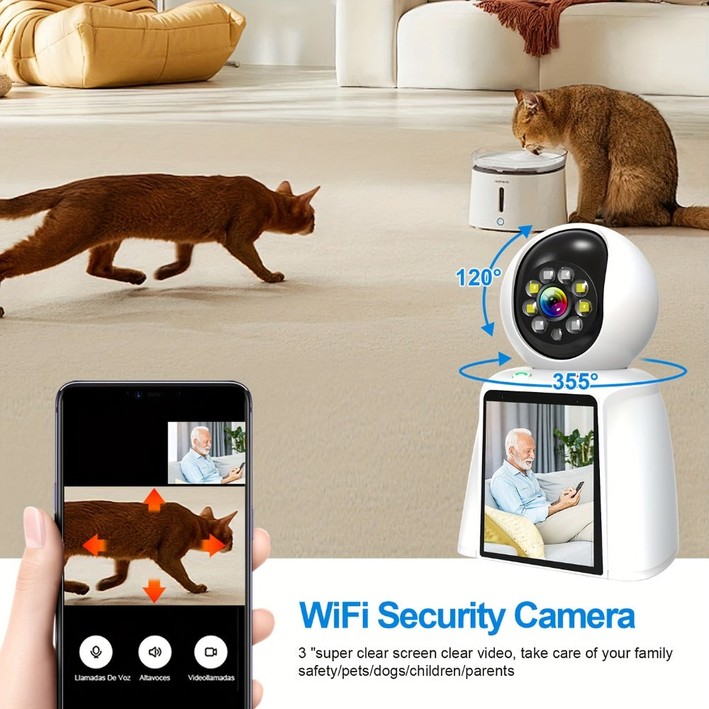 Pet Camera with 3-Inch Screen 1080P WiFi Indoor Home Security Camera for Baby & Kids Monitor, Video Calling, Two-Way Talk, 24/7 Recording & Motion Sensor Detection – Cat Dog Smart Surveillance with Speaker