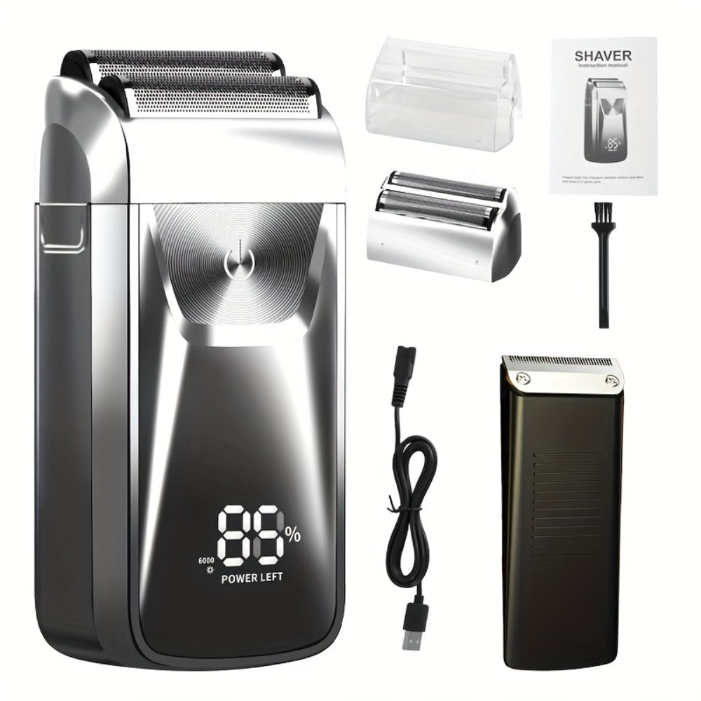 Bald Head Shaver & Beard Trimmer 2-in-1 Electric USB Rechargeable – Aluminum Foil Razor Professional Hair Clipper Grooming Tool for Men, Cordless Portable Silvery & Gold