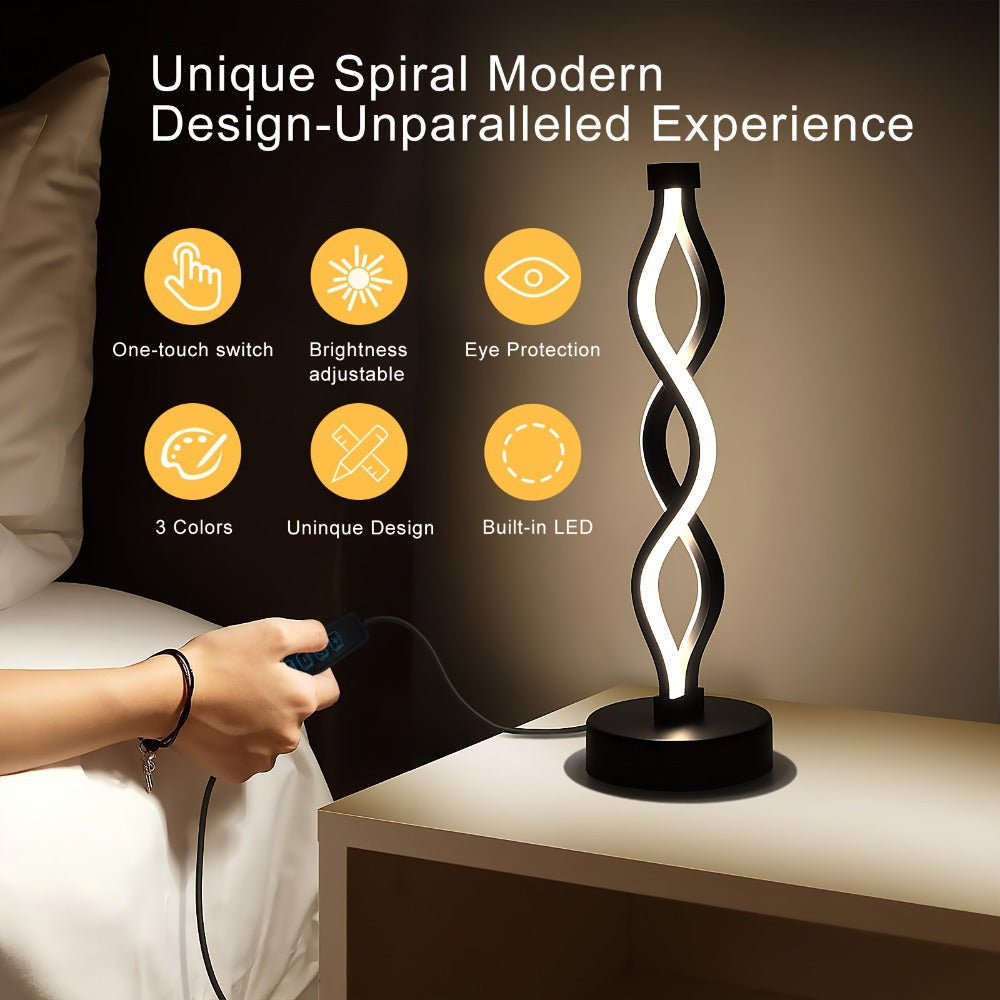 Spiral LED Table Lamp – Modern Minimalist Wave Dimmable Desk Lamp, 3 Color Temperatures, USB Charging, Metallic Base, Creative Curved Night Light for Bedroom Living Room Office Study (1pc / 2pc / Wooden)
