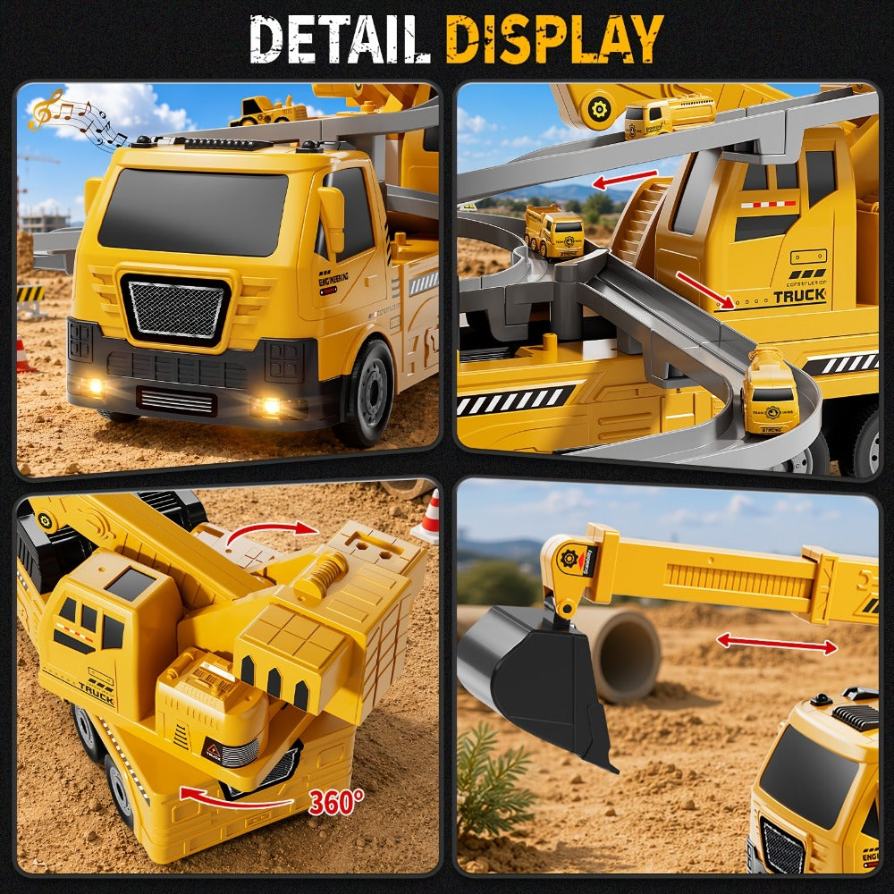Crane Racing Track Toy Set – 3-in-1 Construction Playset with Excavator, 8 Cars, Lights & Sounds