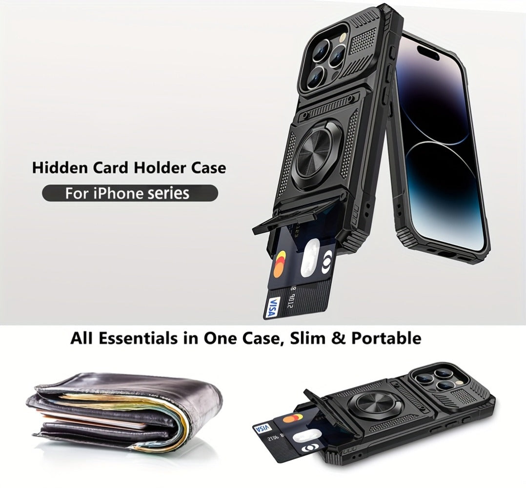 360° Metal Stand iPhone Case with Dual Card Slot Heavy Duty Shockproof Hard Shell Cover for iPhone 16 15 14 13 11 Pro Max Plus 8 7 Series – Rotating Kickstand Wallet Phone Case
