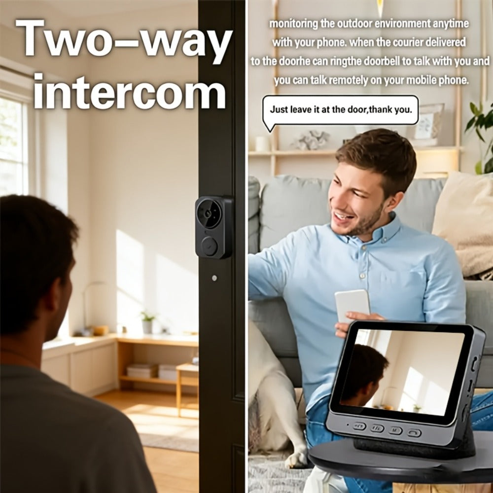 1296P Video Doorbell with 4.3" Indoor Monitor & Local SD Storage - No WiFi No App Required, Two-Way Audio, IR Night Vision, 1200mAh 2-Month Battery, 120° Wide Angle, One-Key Pairing, Black
