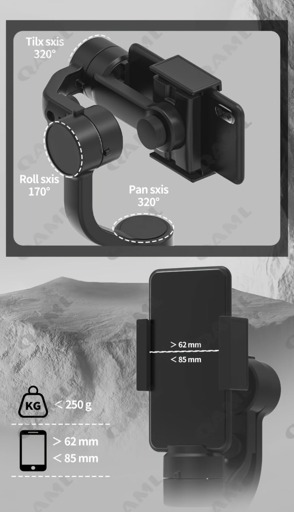 Handheld 3-Axis Smartphone Gimbal Stabilizer with Wireless Bluetooth No App Required Anti-Shake Video Recording – Includes Stand & Mount Compatible with iPhone Android Vlog Travel Live Streaming