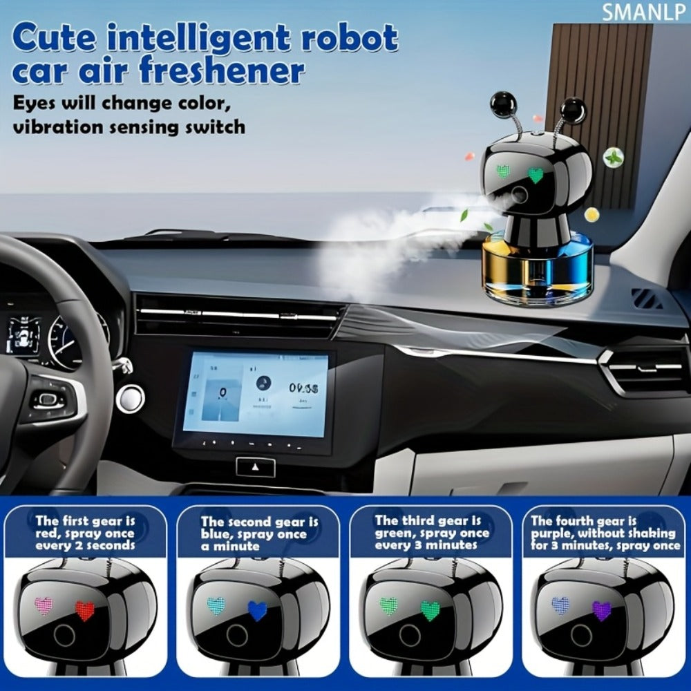 Robot Car Air Freshener USB Rechargeable – AI Expression Display, Auto Spray Synced to Car Start/Stop, 4-Level Fragrance Intensity Control, Green Gardenia Scent, Vent Clip Diffuser, Cute Car Decoration Gift
