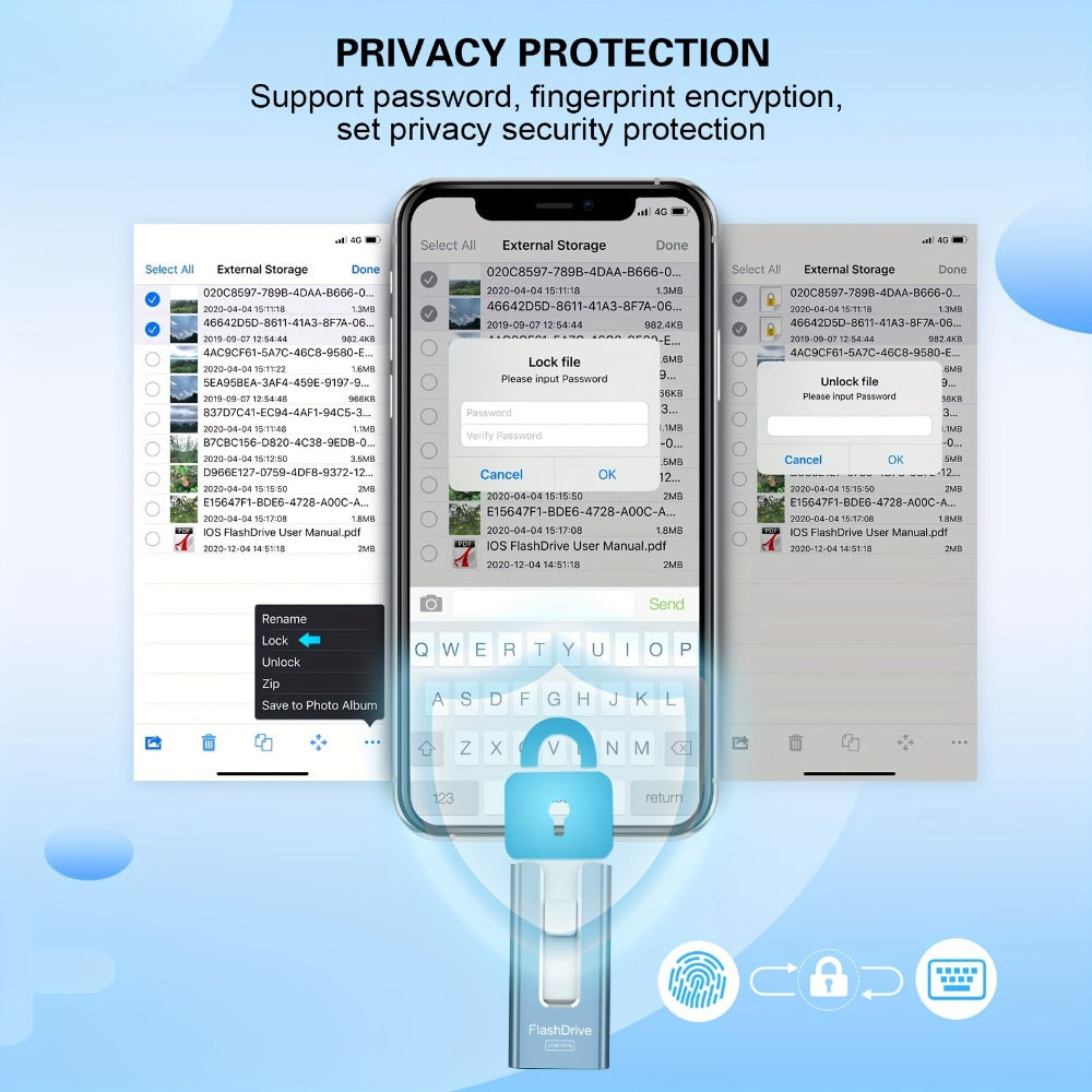 Photo Stick 256GB for iPhone iPad – One-Click Backup USB Flash Drive with Password Protection High-Speed External Memory Stick for iPhone 15 14 13 12 11 Android PC Mac