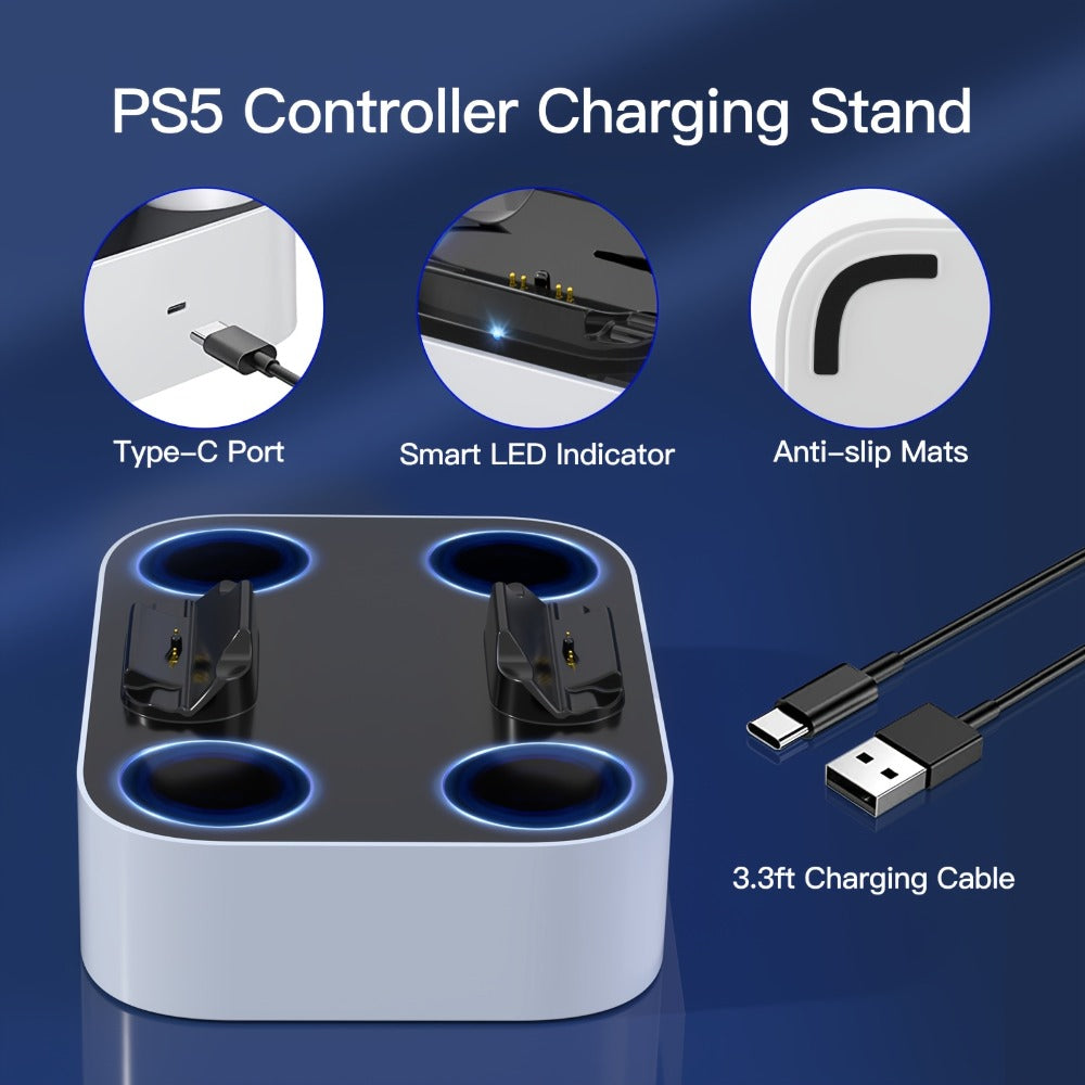 Safe Charging PS5 Controller Charging Station with Smart Chip – Dual Fast Charging Dock for DualSense & DualSense Edge, 2.5Hr Full Charge, Blue LED Indicator, Non-Slip Pad, Cable Included