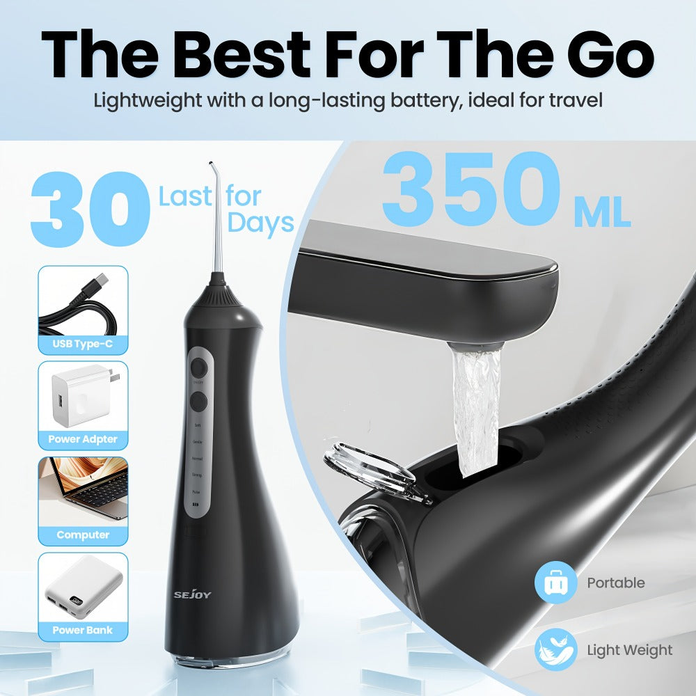Cordless Water Flosser for Braces & Gum Care – Portable Oral Irrigator 350ml Tank 5 Modes One-Touch IPX Waterproof USB Rechargeable Dental Water Pick for Travel Home