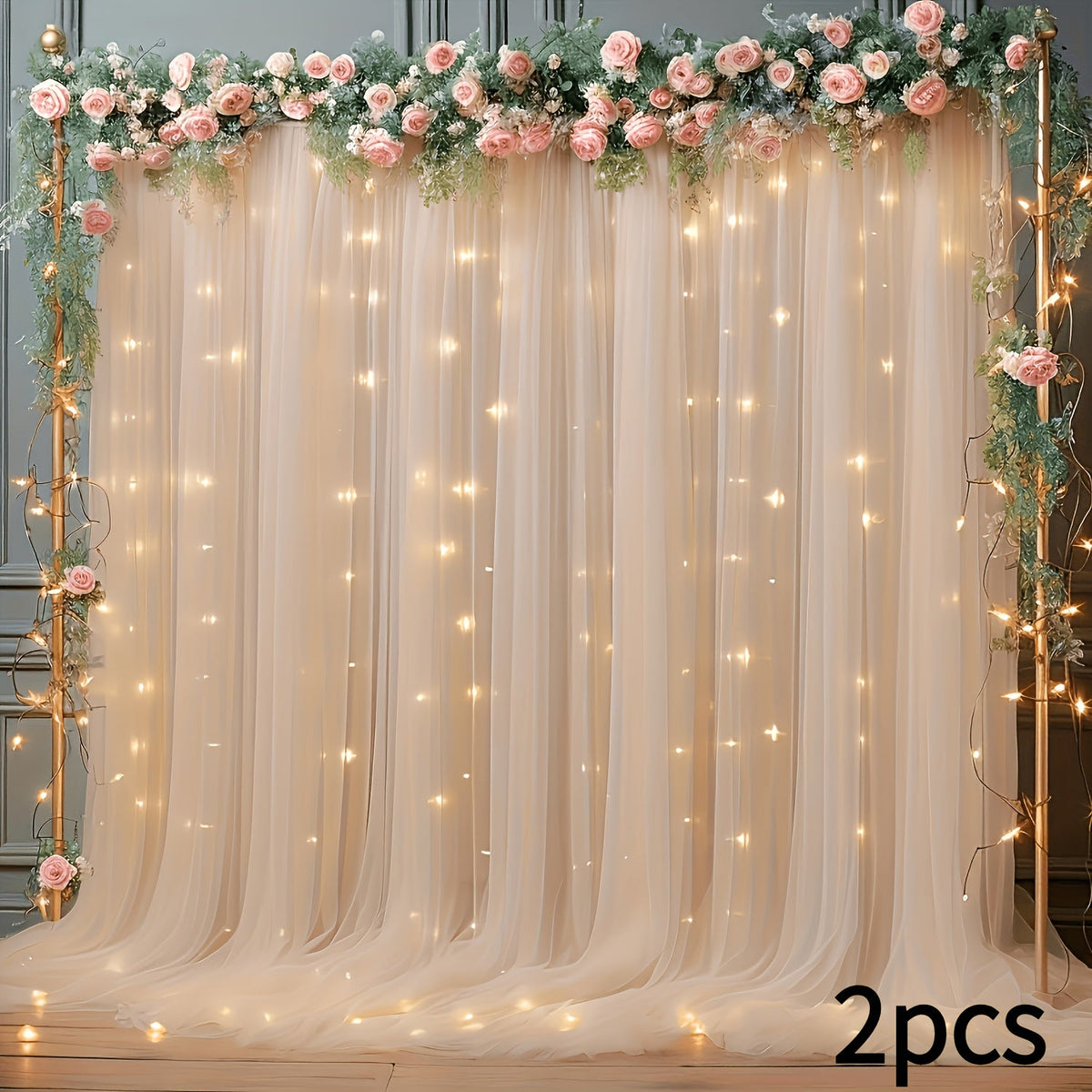 Champagne Tulle Backdrop with String Lights 5.2x10Ft 2pcs Sheer Curtain Photo Booth Props Wedding Party Background Decoration Non-Porous