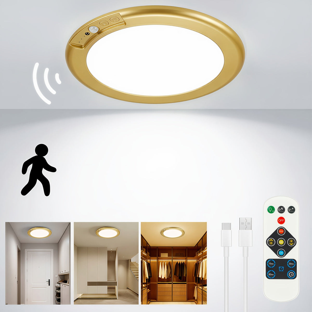 Rechargeable LED Ceiling Light with Motion Sensor – Remote Control Dimmable, 3 Color Temps 3000K/4500K/6500K, 10 Brightness Levels, Battery Operated Closet Light for Bathroom Hallway Pantry Porch