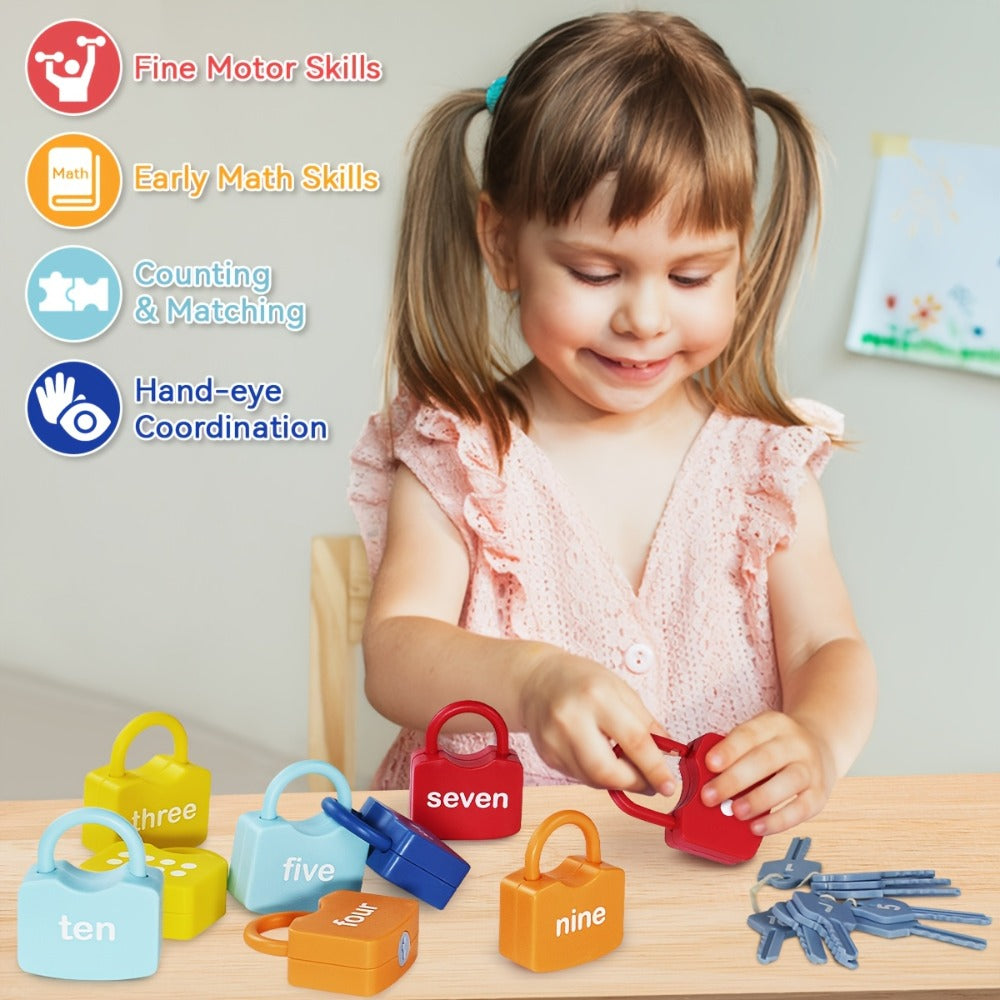 Preschool Math Lock and Key Counting Toy 10 Sets — Number Recognition Manipulative for Kids Ages 3-5, Color-Coded Kindergarten Math Activity, Montessori Hands-On Learning Toy, Birthday Christmas Gift