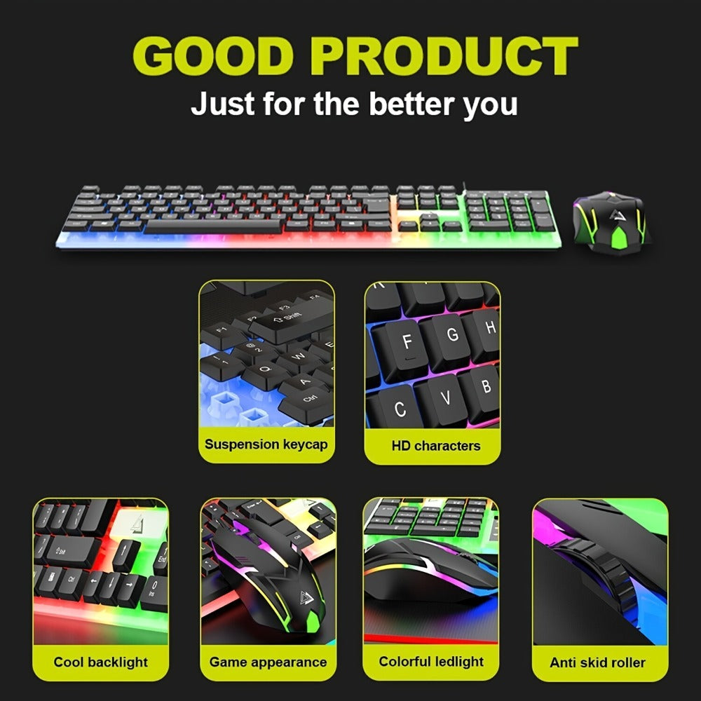 Gaming Keyboard and Mouse Combo Wired Backlit Mechanical-Feel Keys Optical Mouse Ergonomic USB Set for PC Laptop Desktop Home Office Quick Function Keys ABS Build