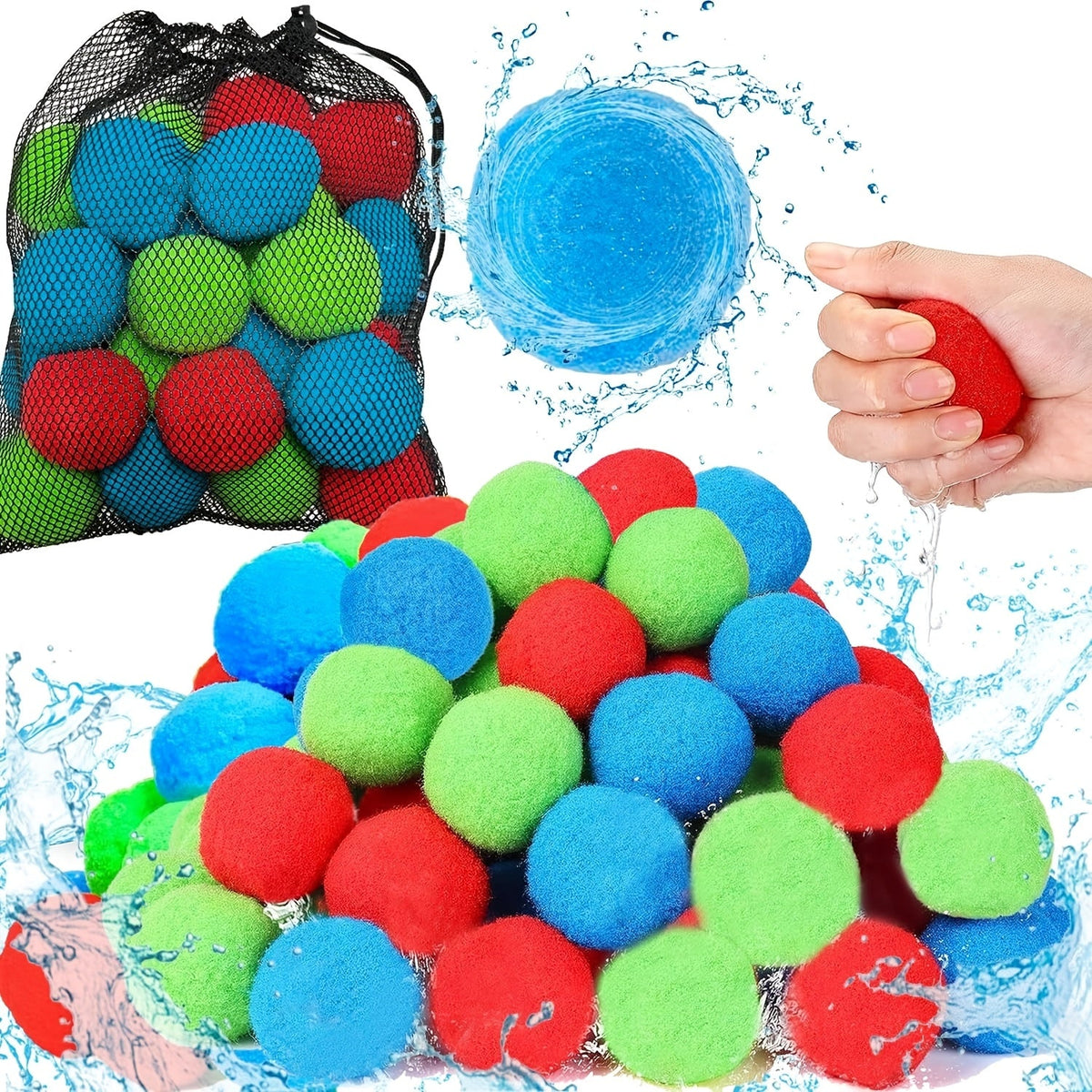 Reusable Water Balloons 36 Pack with Sponge Balls – No-Tie Refillable Water Bomb Set for Pool Party, Backyard Summer Fun & Kids Outdoor Games, Includes Storage Mesh Bag, Great Summer Gift for Children