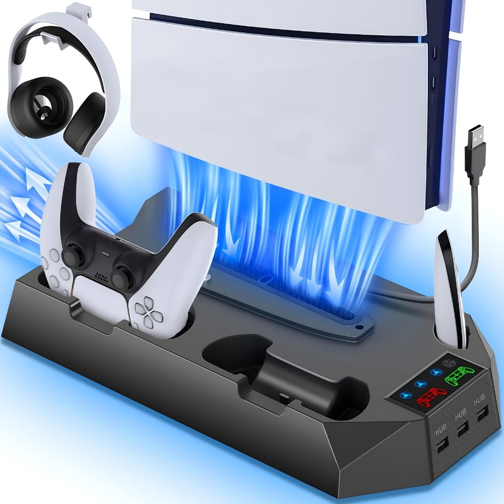 PS5 Cooling Station with Controller Charging Dock - Compatible with PS5 Slim Pro Standard Disc Digital, Dual Controller Charger Turbo Fan 3-Port USB Hub Headset Holder All-in-One PS5 Accessory