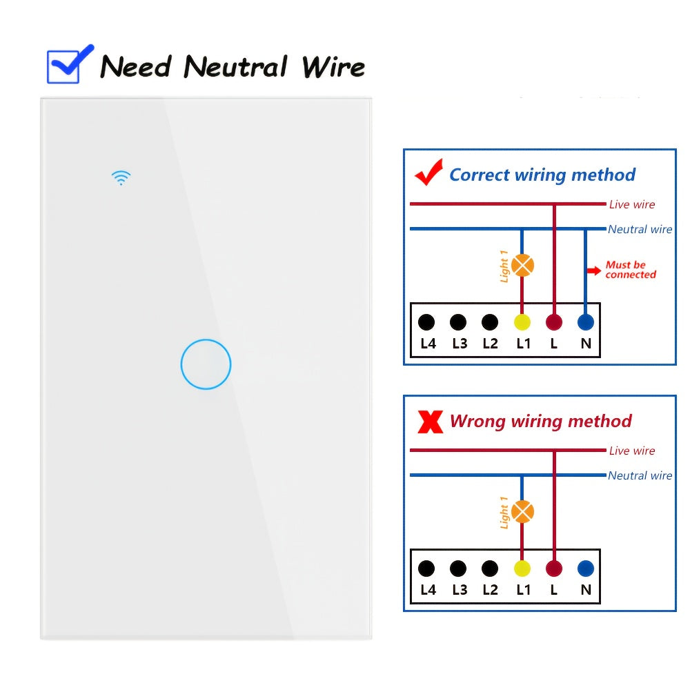 White Glass WiFi Bluetooth Touch Screen Smart Switch 1/2/3/4 Gang – Scratch-Resistant, Works with Alexa & Google Home, Tuya App, Smart Scenes, Timer, Share Function, 600W/Gang, Neutral Required