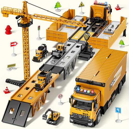 Construction Truck Toy Set with Crane Container Truck, Foldable Double Race Track & 4 Alloy Trucks