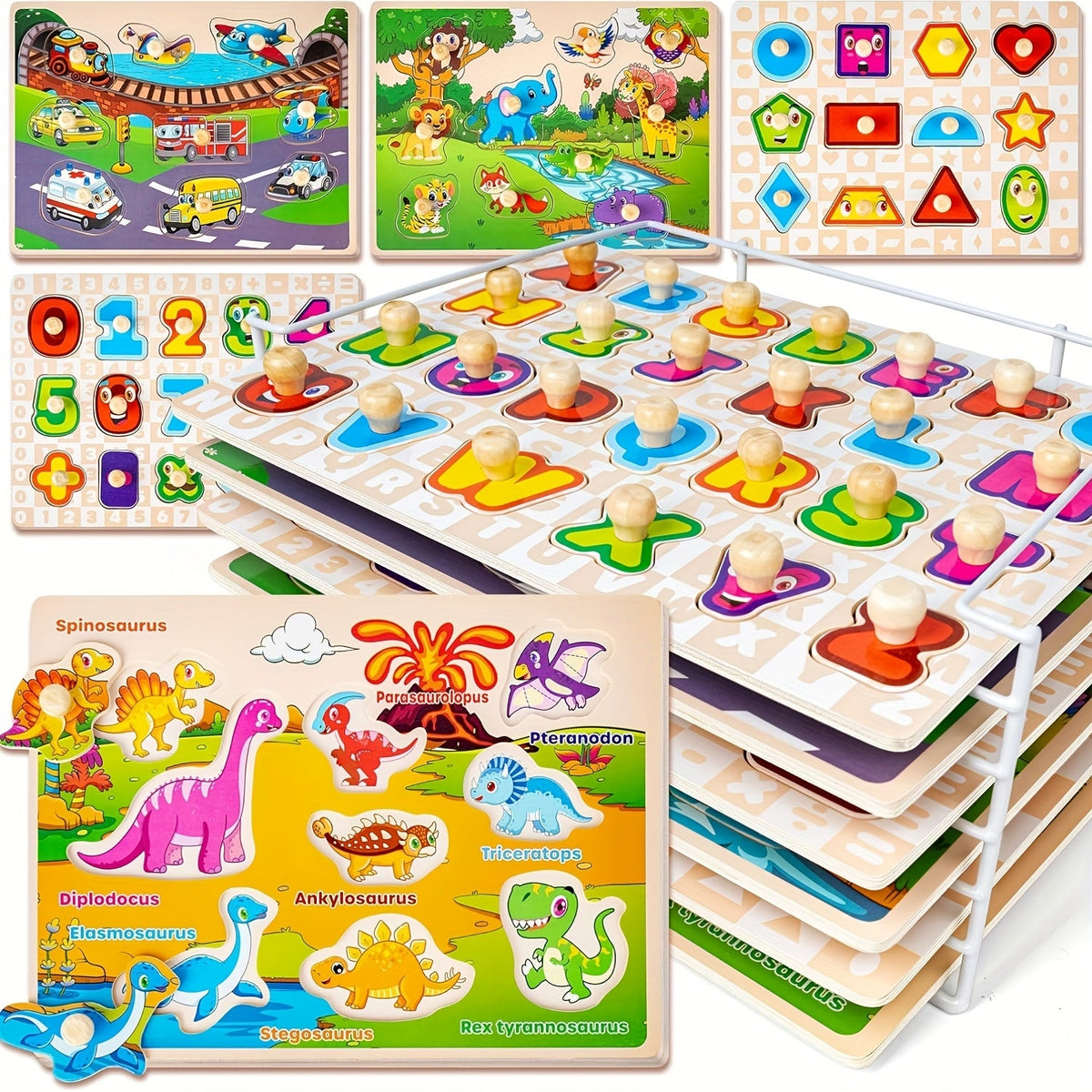 Wooden Toddler Puzzle Set with Storage Rack, Two Theme Options