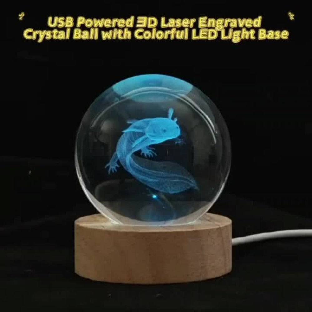 3D Axolotl Crystal Ball Night Light – USB Powered LED Colorful Gradient Glow Orb Atmosphere Lamp with Bamboo Base, Amphibian Figurine Desk Light for Home Decor, Bedroom, Kids Room & Unique Gift (2.36in)