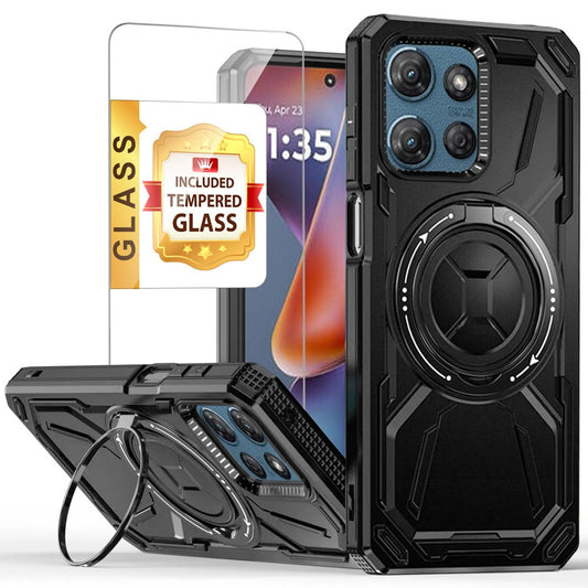 Moto G Power 5G 2025 Case with Tempered Glass Screen Protector & Magnetic Ring Stand 360° Rotatable Kickstand – Shockproof Wireless Charging Compatible Protective Cover for Motorola Moto G Power 5G 2025
