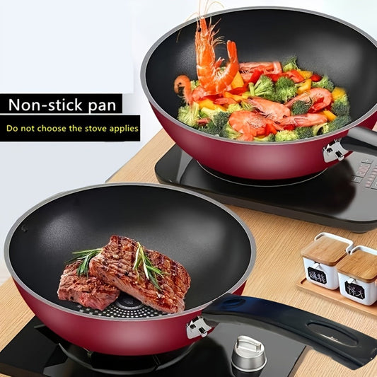 Non-Stick Stir-Fry Pan with Rice Stone Coating, Red Flat Bottom for Gas and Induction